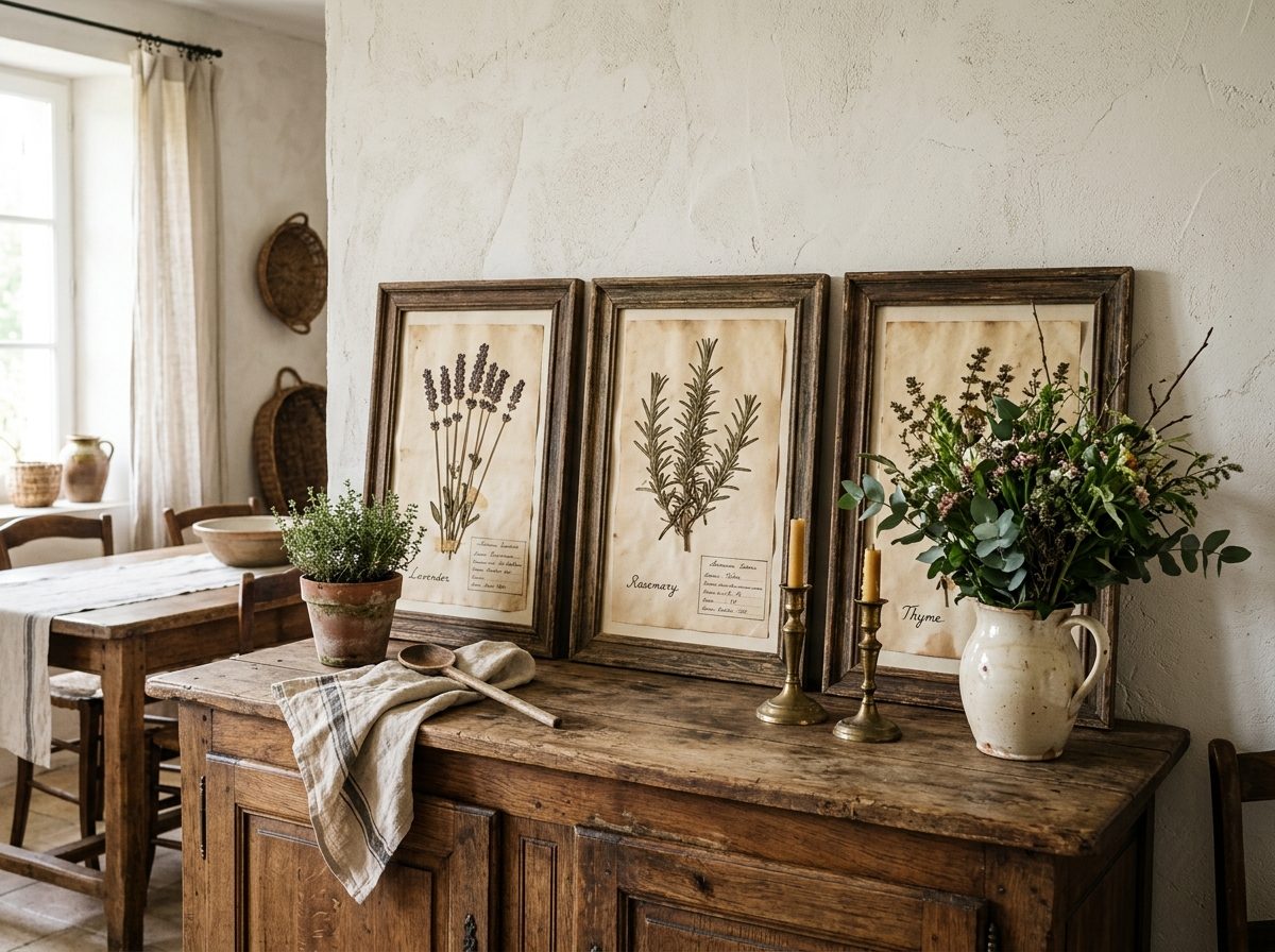 6-frame vintage botanical herbarium gallery wall in walnut frames above green velvet sofa