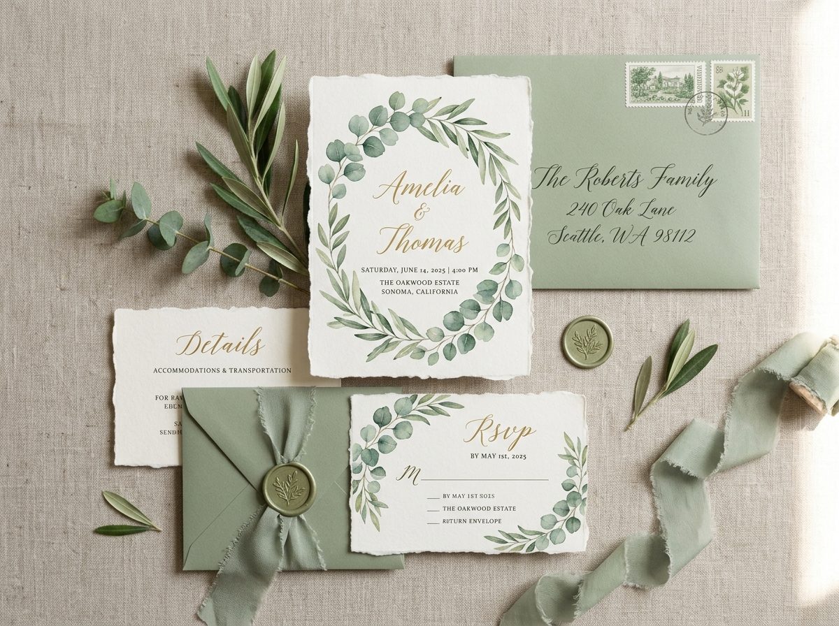 Botanical watercolor clipart on luxury wedding invitation stationery suite mockup