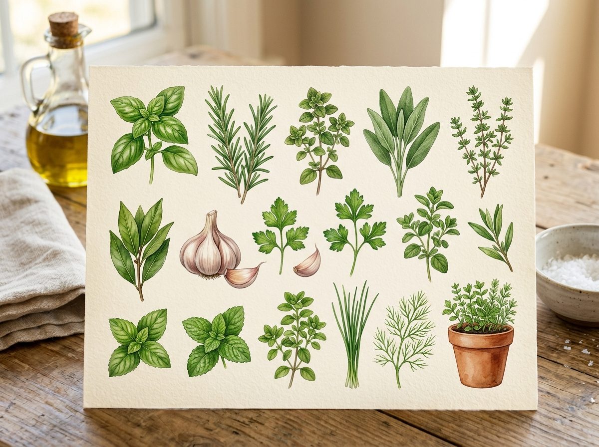 18-piece Italian culinary herbs watercolor clipart collection arranged on textured watercolor paper with olive oil cruet and sea salt