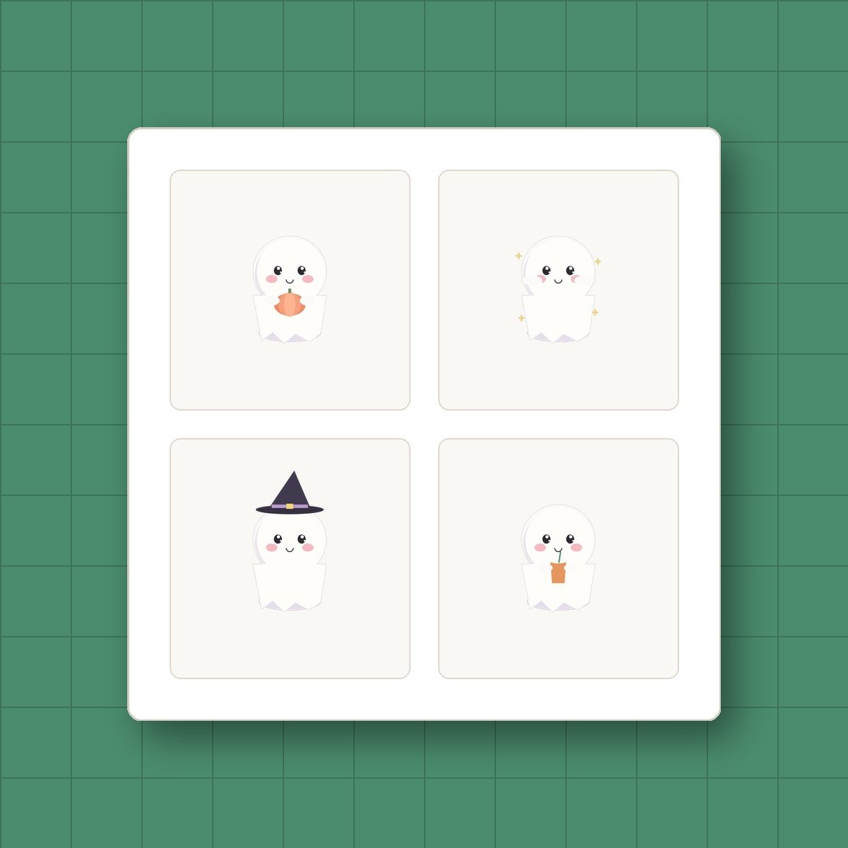 16-piece watercolor cute ghost clipart set with pastel pumpkins arranged on desk flatlay with autumn bullet journal, washi tape, and dried leaves