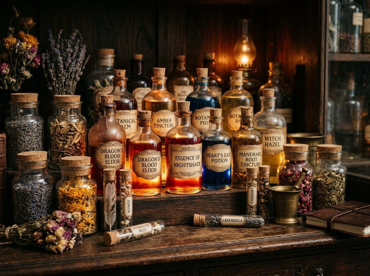 Vintage Halloween watercolor potion bottles on antique junk journal spread with dried herbs and candle