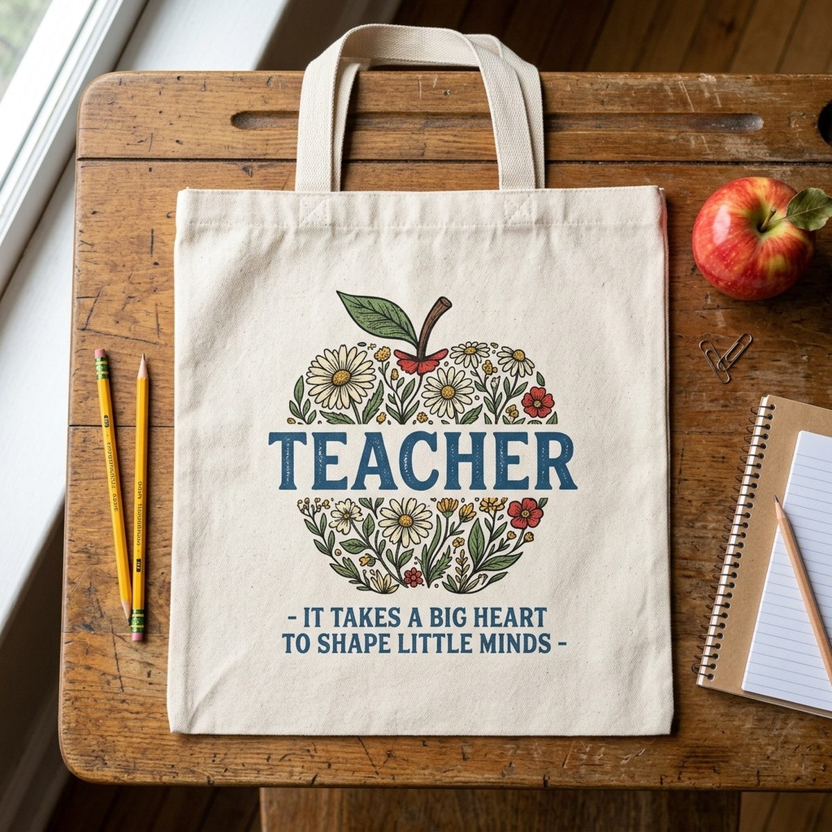 Teacher SVG canvas tote bag heat transfer vinyl mockup in classroom