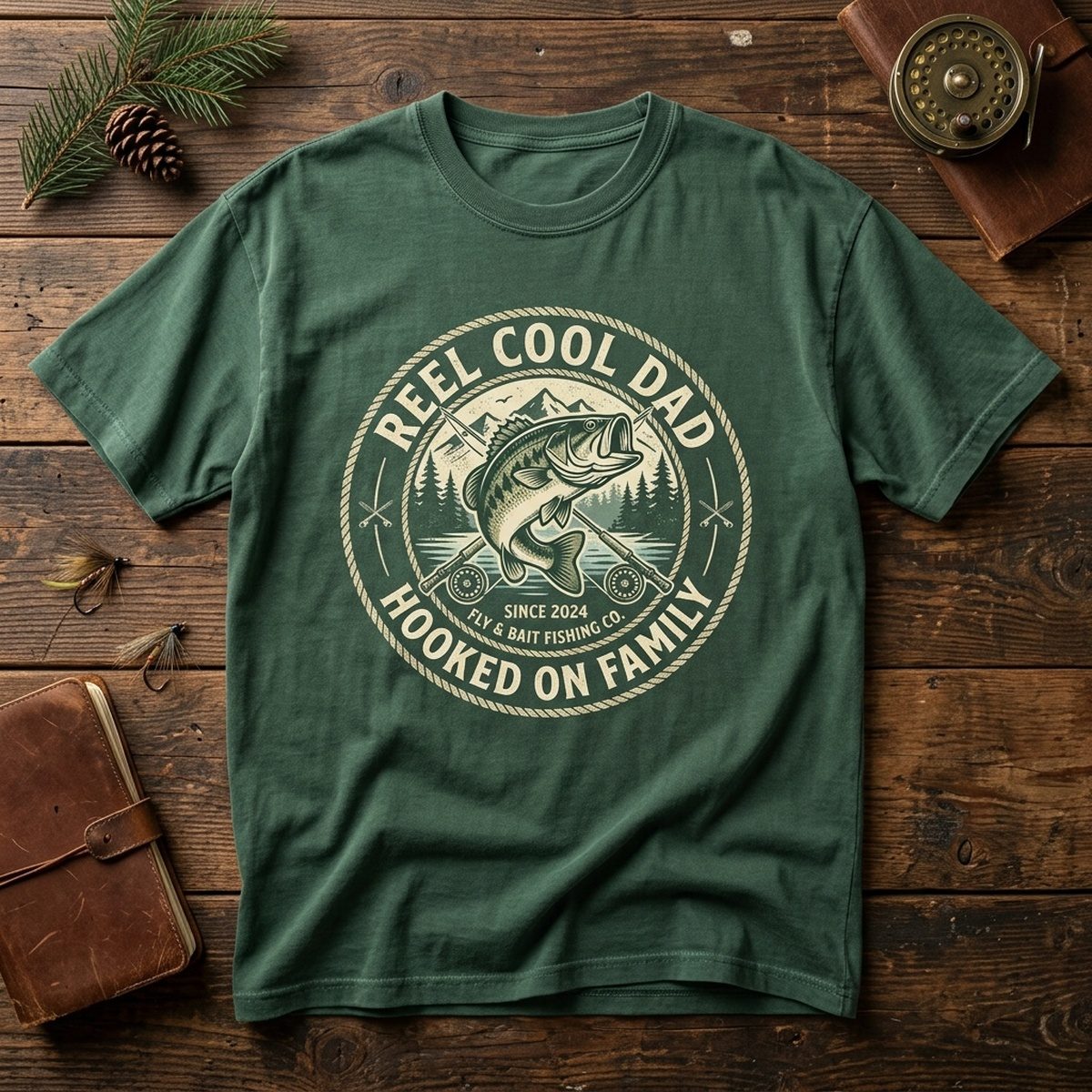 Fishing Dad SVG hoodie heat transfer vinyl mockup on cedar wood deck