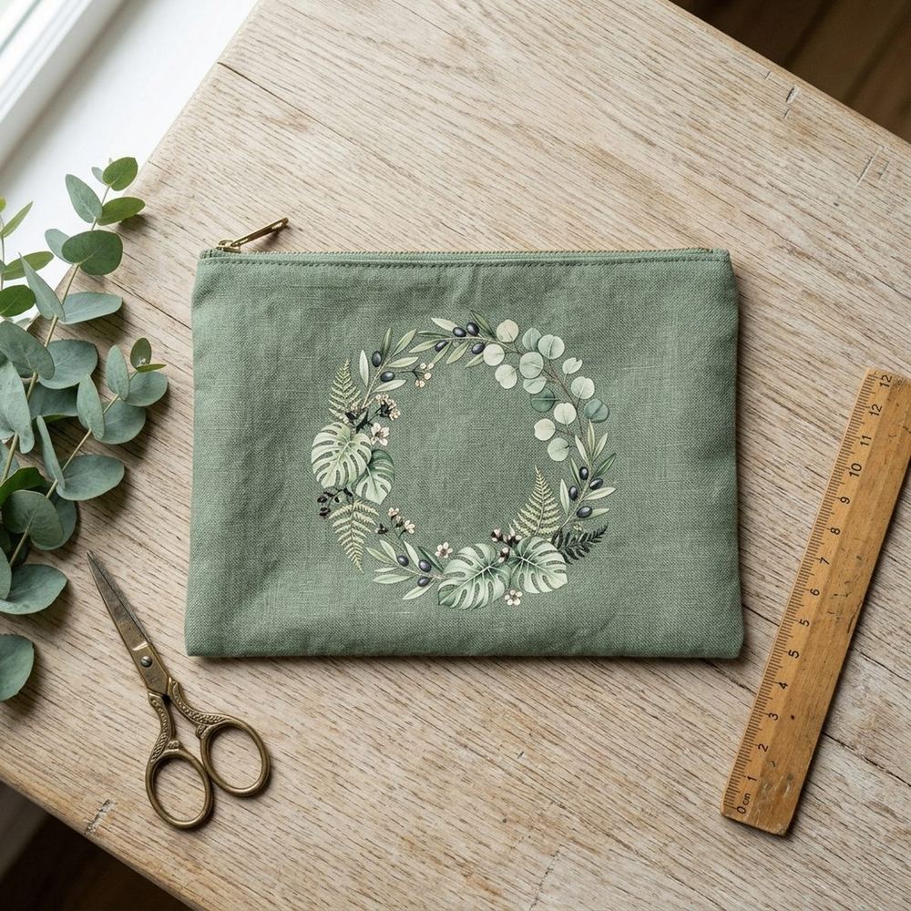 Botanical SVG monstera and eucalyptus wreath vinyl print on sage linen pouch flatlay