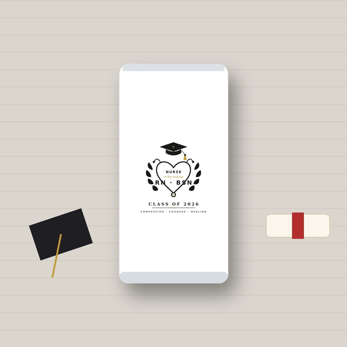 Personalized nurse graduation gift tumbler on oak desk with mortarboard cap and diploma