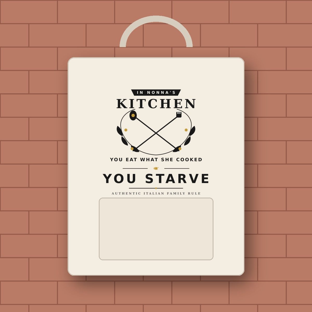 Italian Grandma Apron SVG heat-transfer vinyl on natural washed linen cooking apron on Tuscan terracotta brick wall with plum tomatoes and olive oil