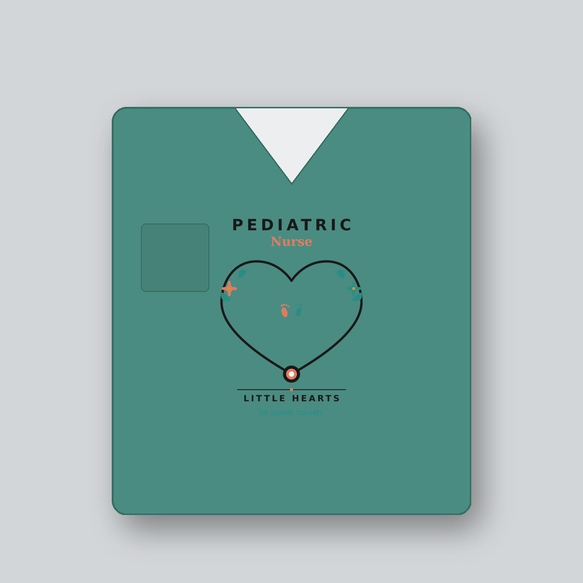 Pediatric Nurse Stethoscope Floral SVG heat-transfer vinyl on heather eucalyptus teal scrub top on clinical nursing station desk with pediatric stethoscope