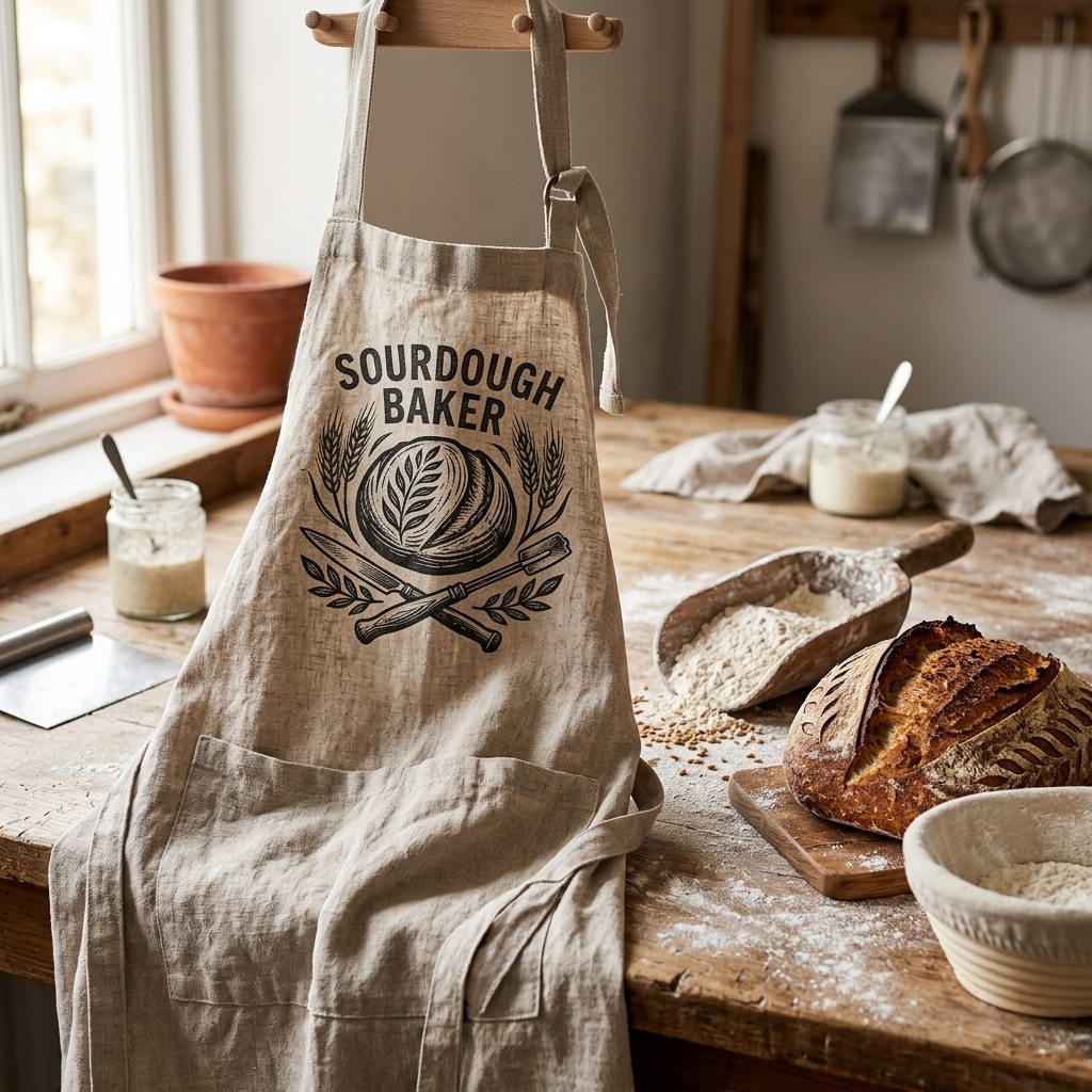 Sourdough Baker Apron SVG woodcut stamp design in charcoal black heat-transfer vinyl on rustic washed linen baker apron on French oak flour-dusted workbench with freshly baked sourdough boule and proofing banneton