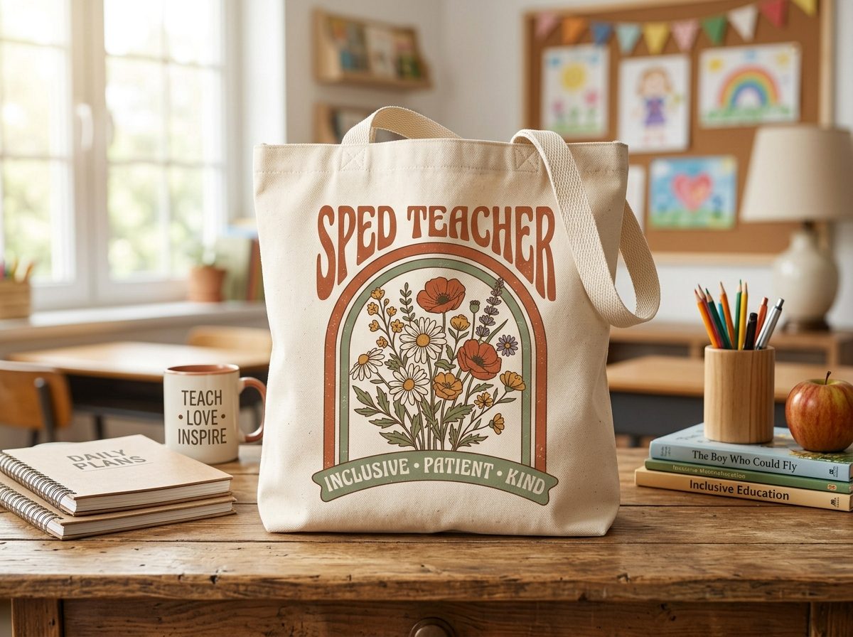 Sped Teacher Floral Arch SVG design applied to heavy cream canvas tote bag on classroom teacher desk