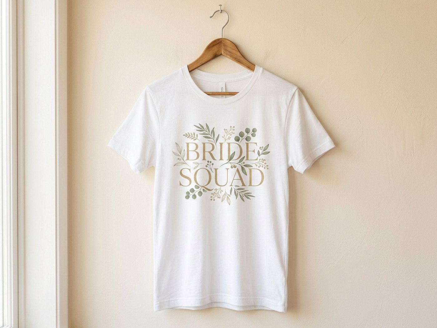 Bride Squad SVG design pressed in champagne gold and sage green HTV on bridal party oatmeal t-shirt on wooden hanger