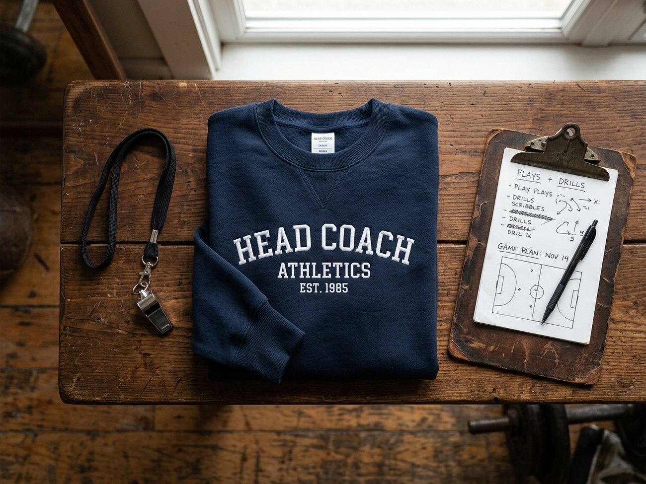 Coach Retirement athletic sweatshirt flatlay on rustic oak gym bench with whistle and playbook