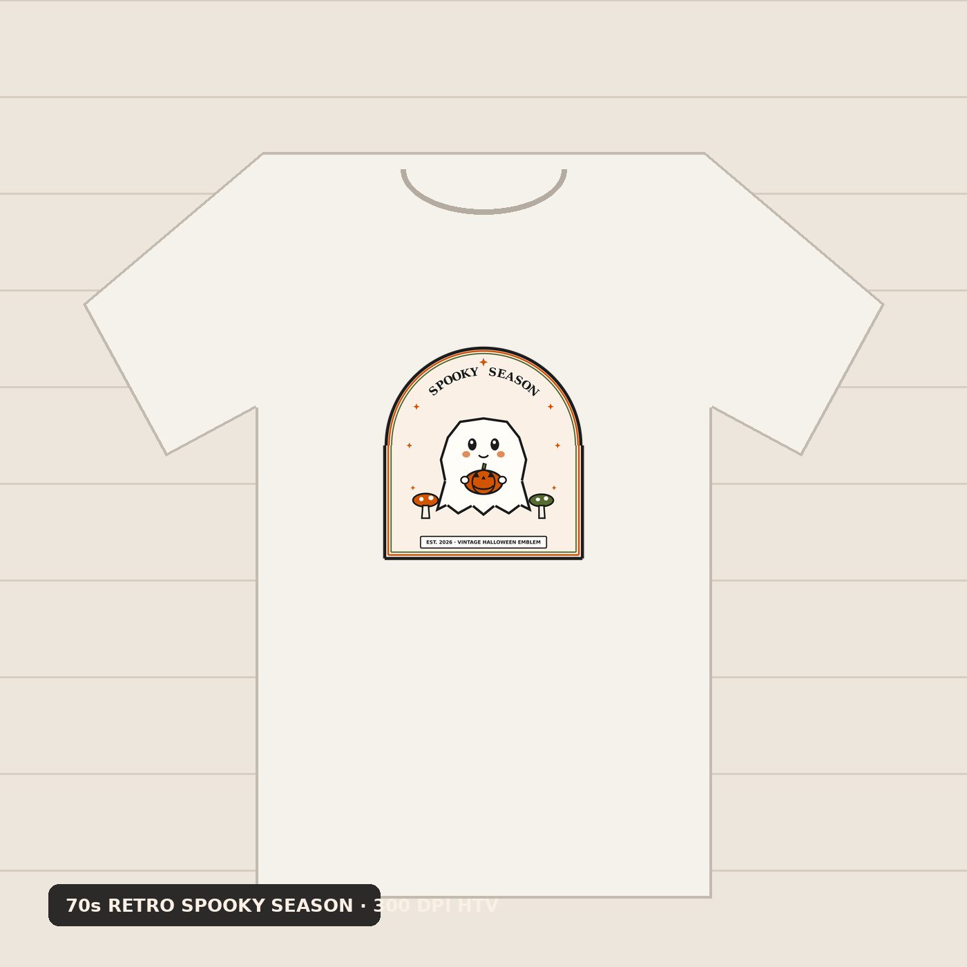 Vintage ghost spooky season design pressed in HTV vinyl on cozy oatmeal autumn crewneck sweatshirt flatlay