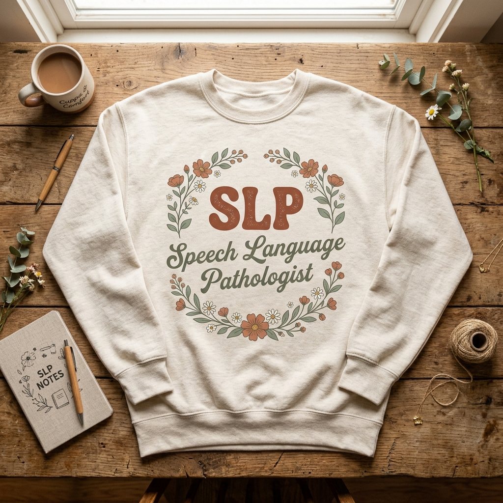 Retro floral daisy Speech Language Pathologist SLP design pressed in HTV vinyl on cozy oat teacher sweatshirt flatlay