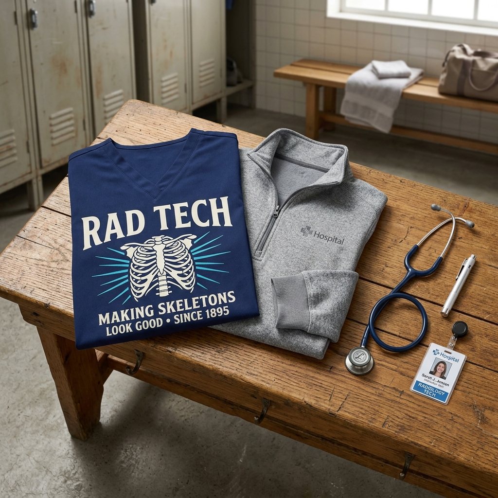 Retro skeleton ribcage RAD TECH design pressed on navy blue scrub top and heather grey hospital fleece jacket flatlay