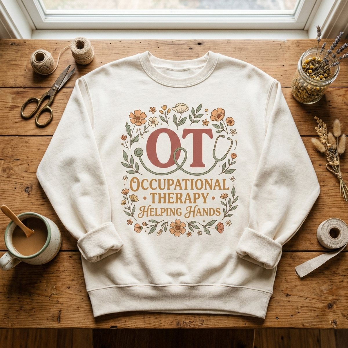 Occupational Therapy OT Floral SVG cut file showcase mockup on warm oatmeal scrub top with wildflowers and crafting tools