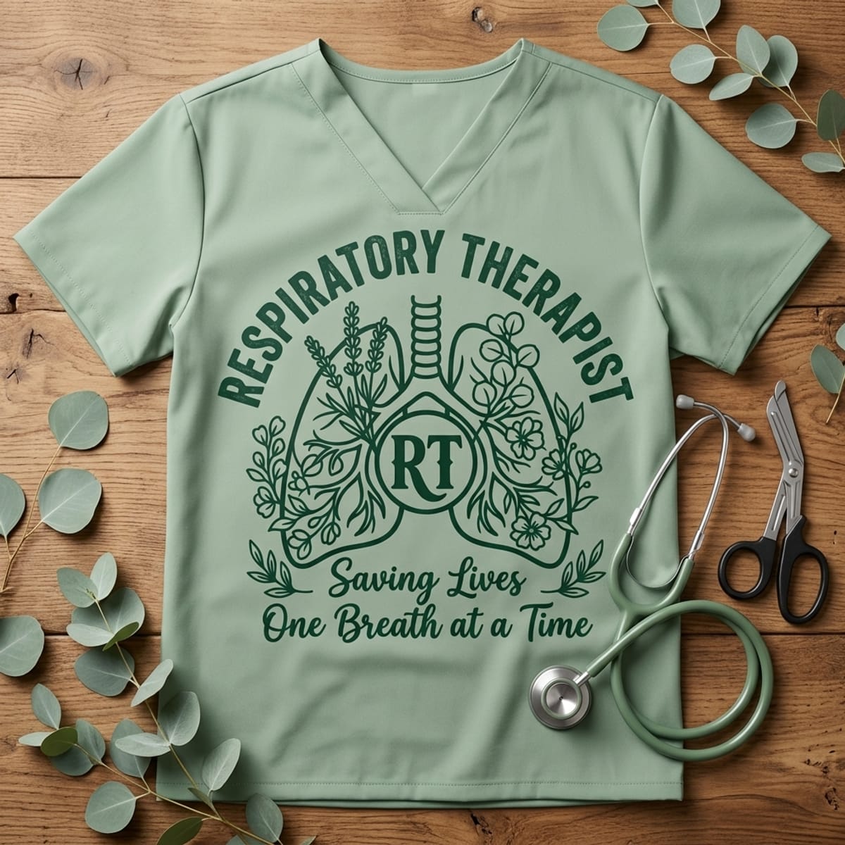 Respiratory Therapist RT Lungs Floral SVG cut file mockup on sage green medical scrub top with stethoscope and trauma shears