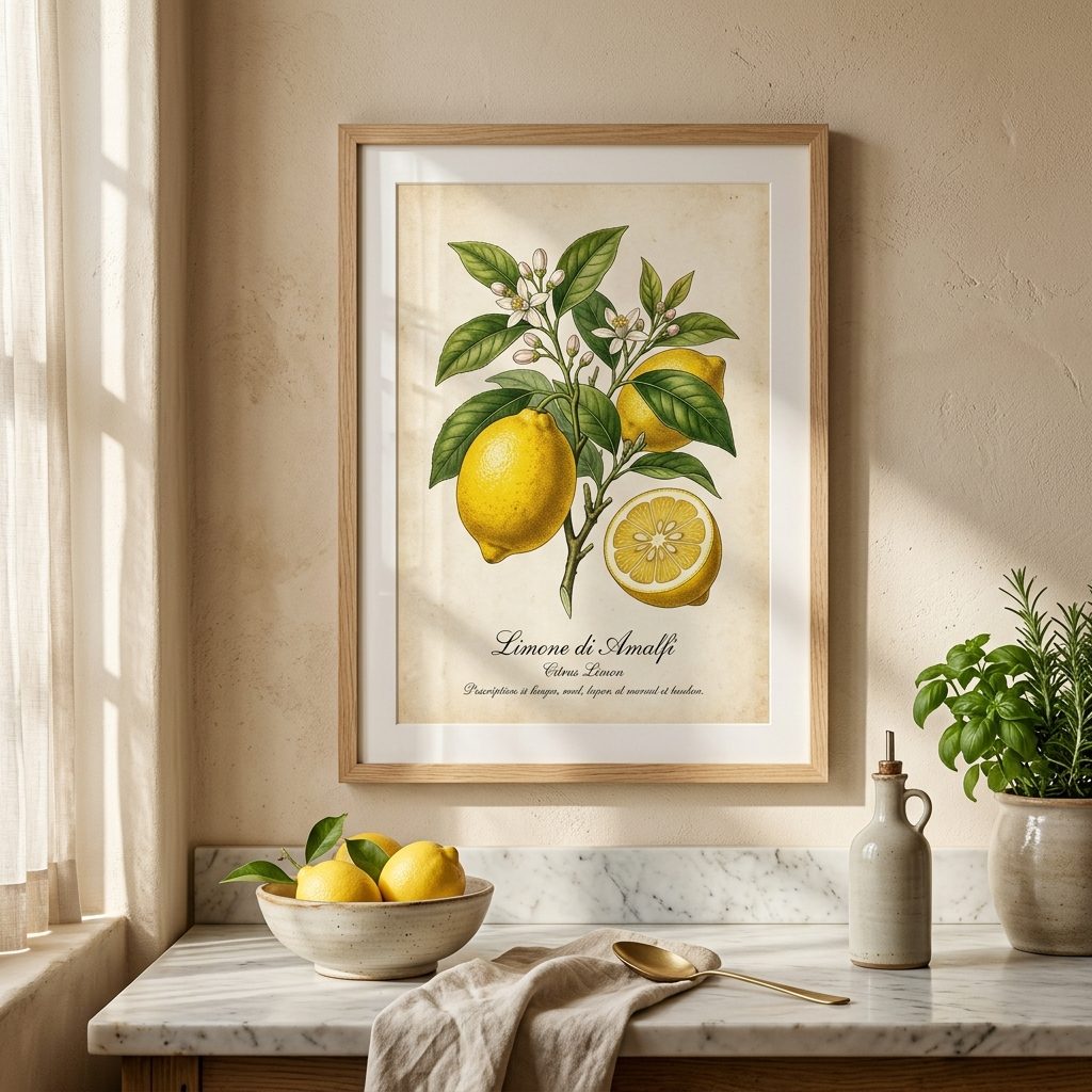 How to Style Tuscan Lemon & Vintage Citrus Botanical Prints in a Modern Farmhouse Kitchen