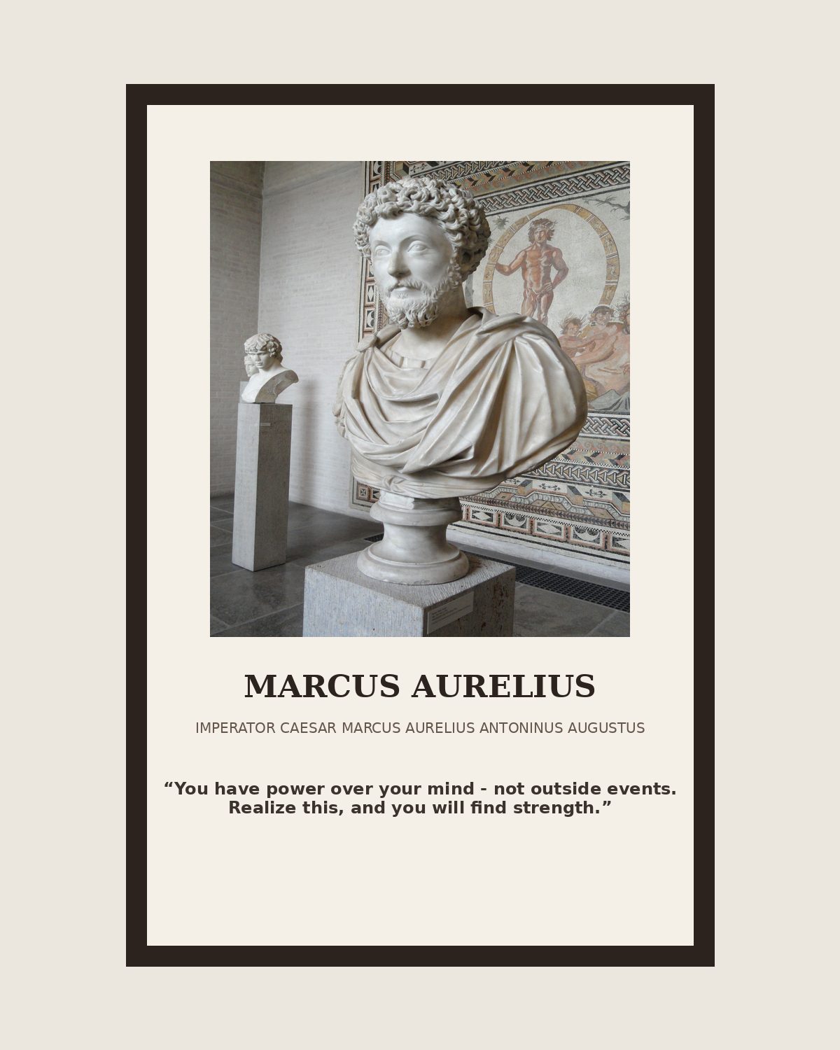 Marcus Aurelius Stoic quote print in natural walnut frame on modern home office desk mockup