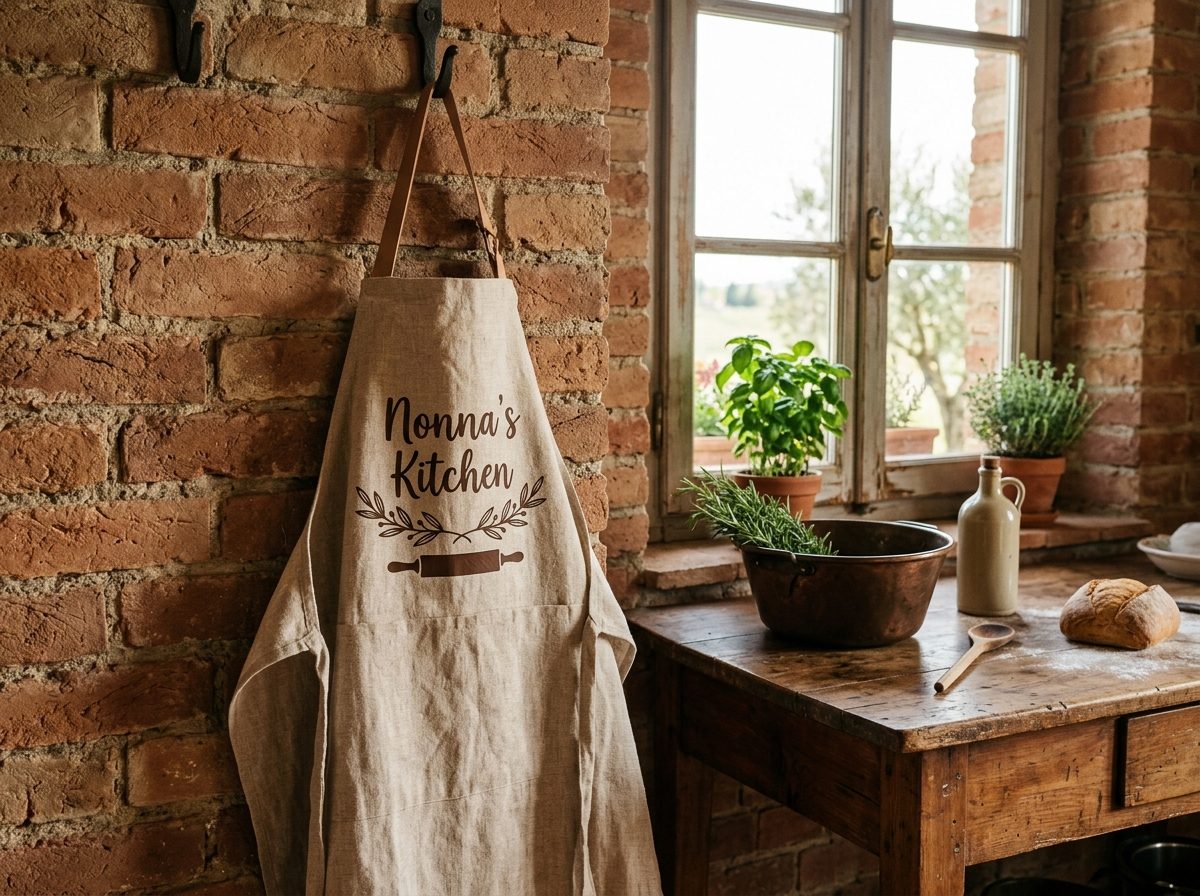 Double-sided heirloom family recipe cards with botanical olive branches displayed next to walnut recipe box on rustic Tuscan wooden countertop