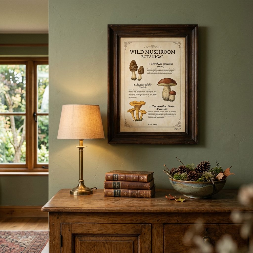 Antique wild mushroom botanical print framed in dark aged walnut on sage green cottage dining room wall above vintage oak console with brass lamp