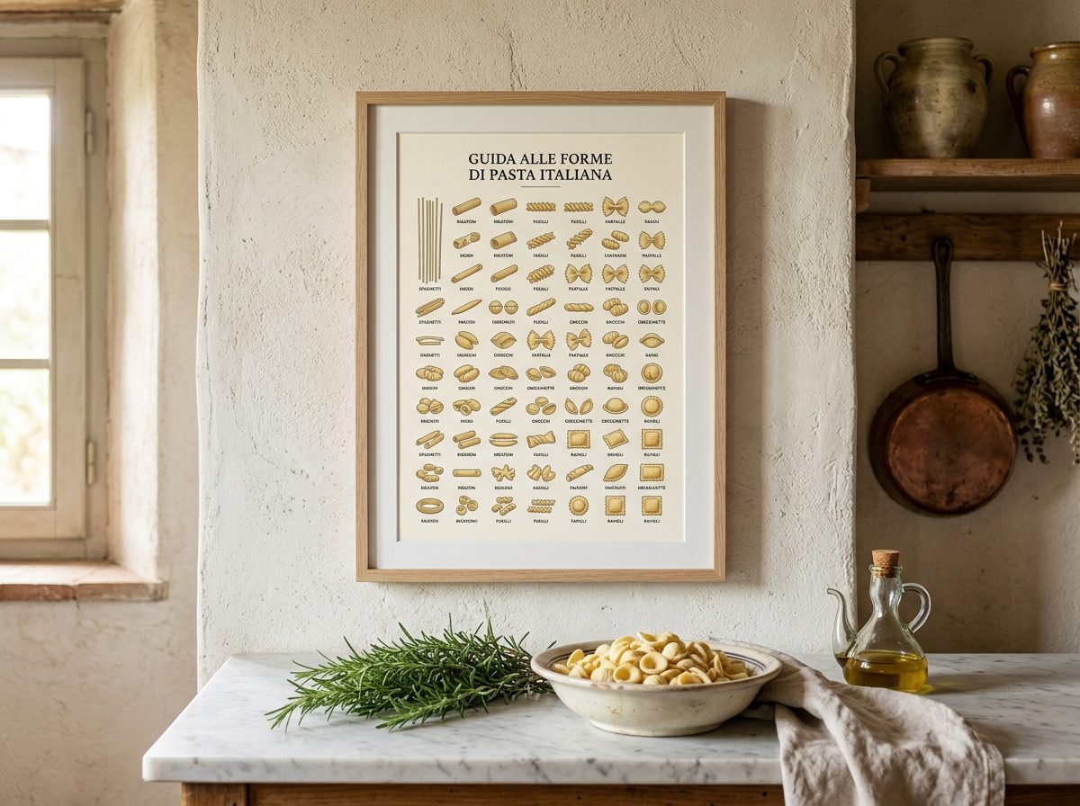 Italian pasta shapes guide wall art framed in natural white oak in rustic Tuscan farmhouse kitchen with marble counter and olive oil