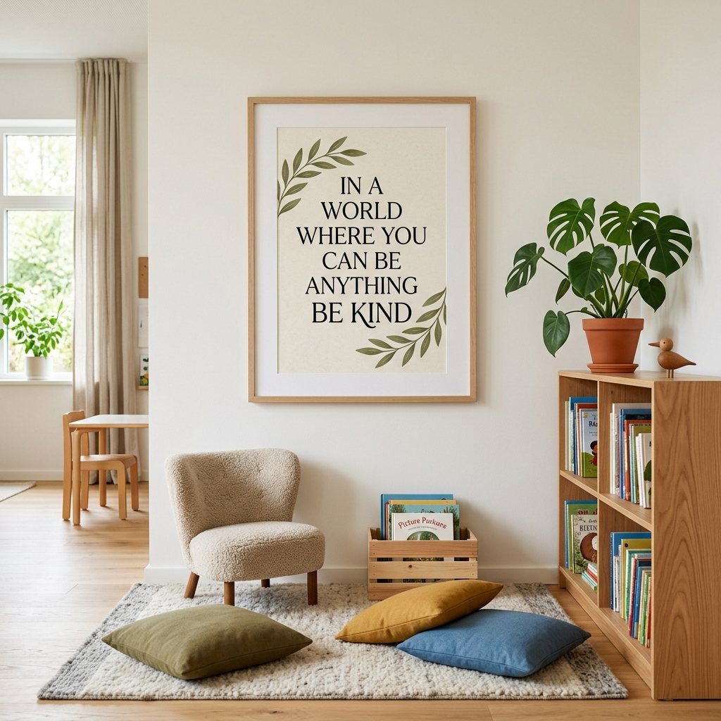 Framed In a world where you can be anything BE KIND inspirational art print in Scandinavian classroom reading corner