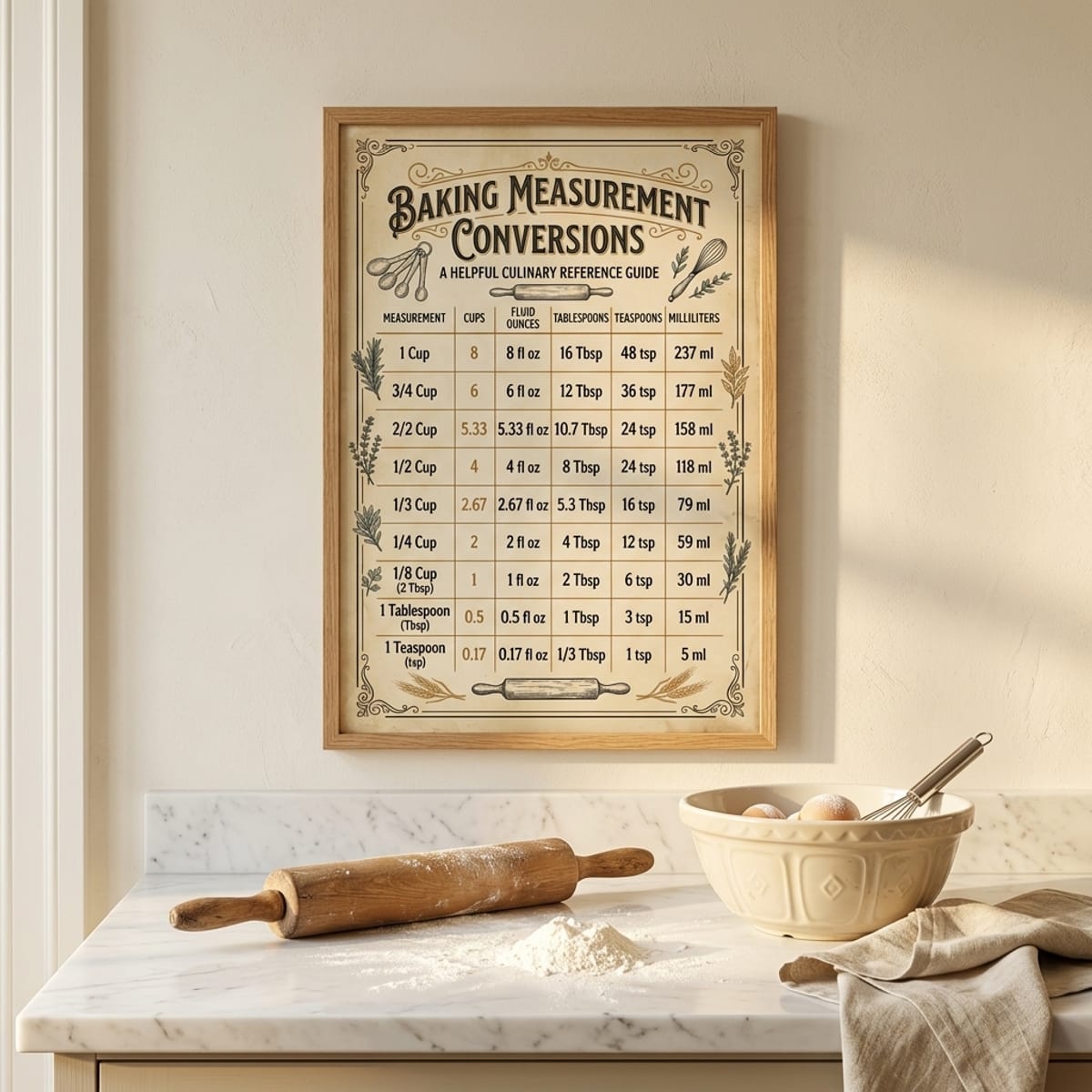 Vintage Baking Measurement Conversion Chart framed in farmhouse kitchen above marble countertop