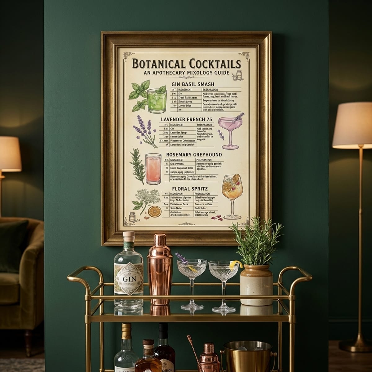 Botanical Cocktail Recipes printable wall art framed in brushed brass above a styled bar cart with copper shaker and crystal coupes